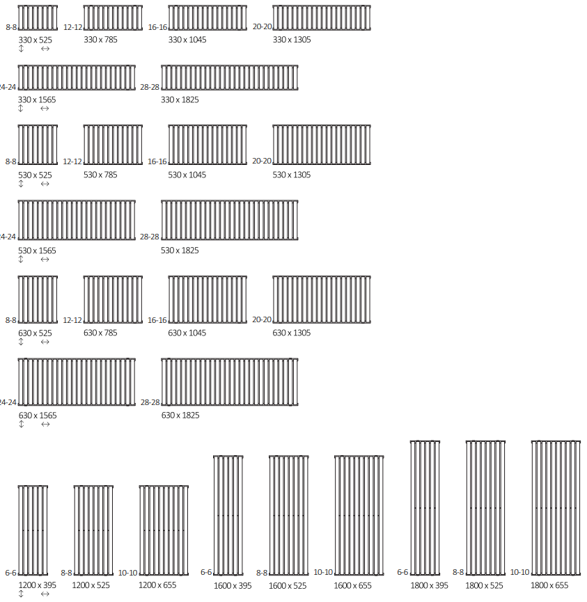 Rozměrový nákres radiátoru TERMA Warp Room