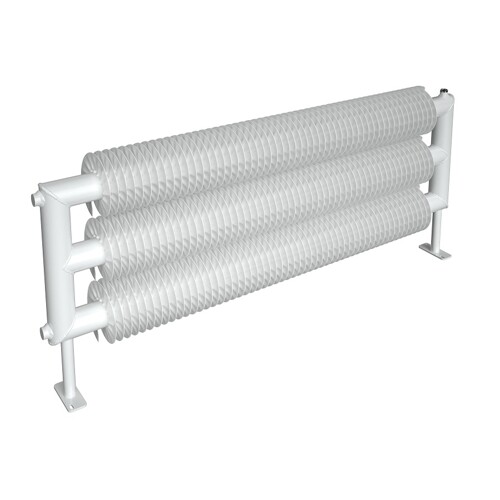 ISAN Spiral RAT3 rebrový radiátor Ø57 × 137 mm, dĺžka 1200 mm, 1037 W, biela RAL 9016, montáž na podlahu – stojany